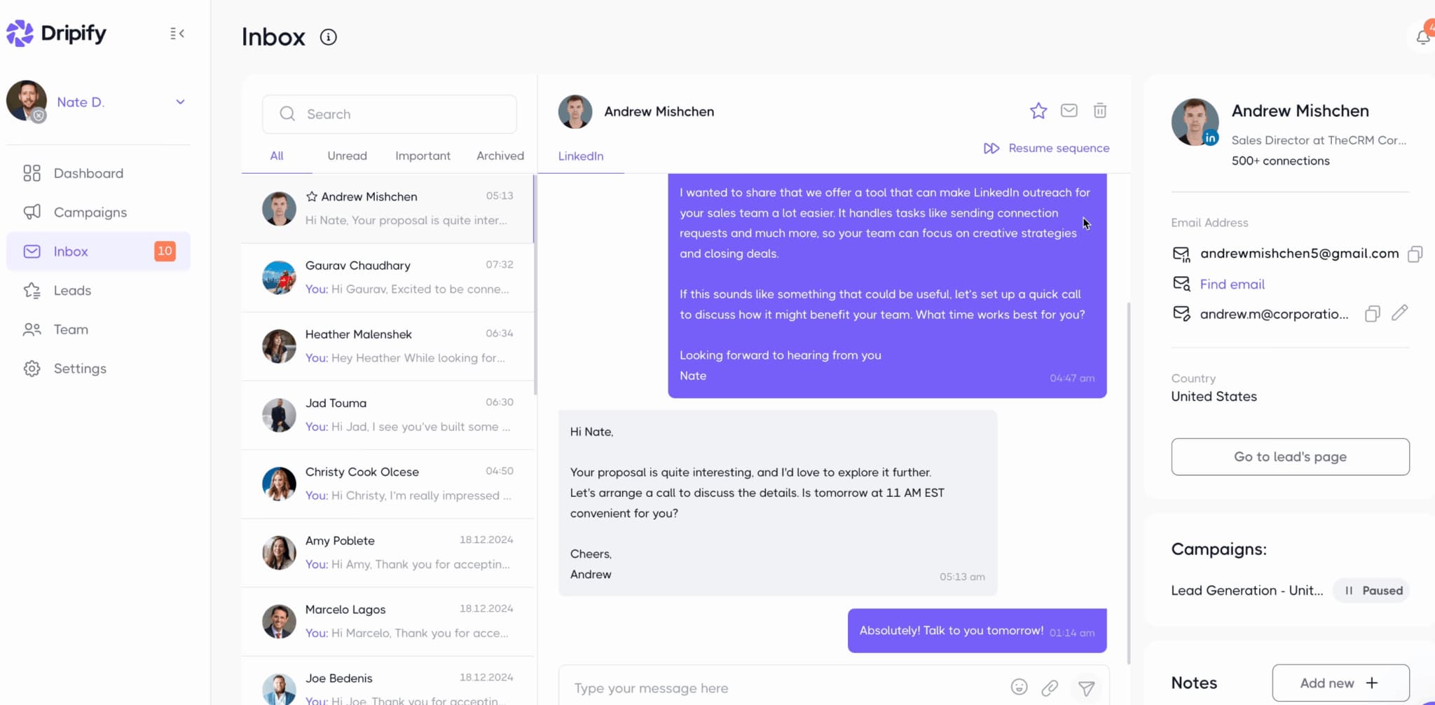 Dripify product interface