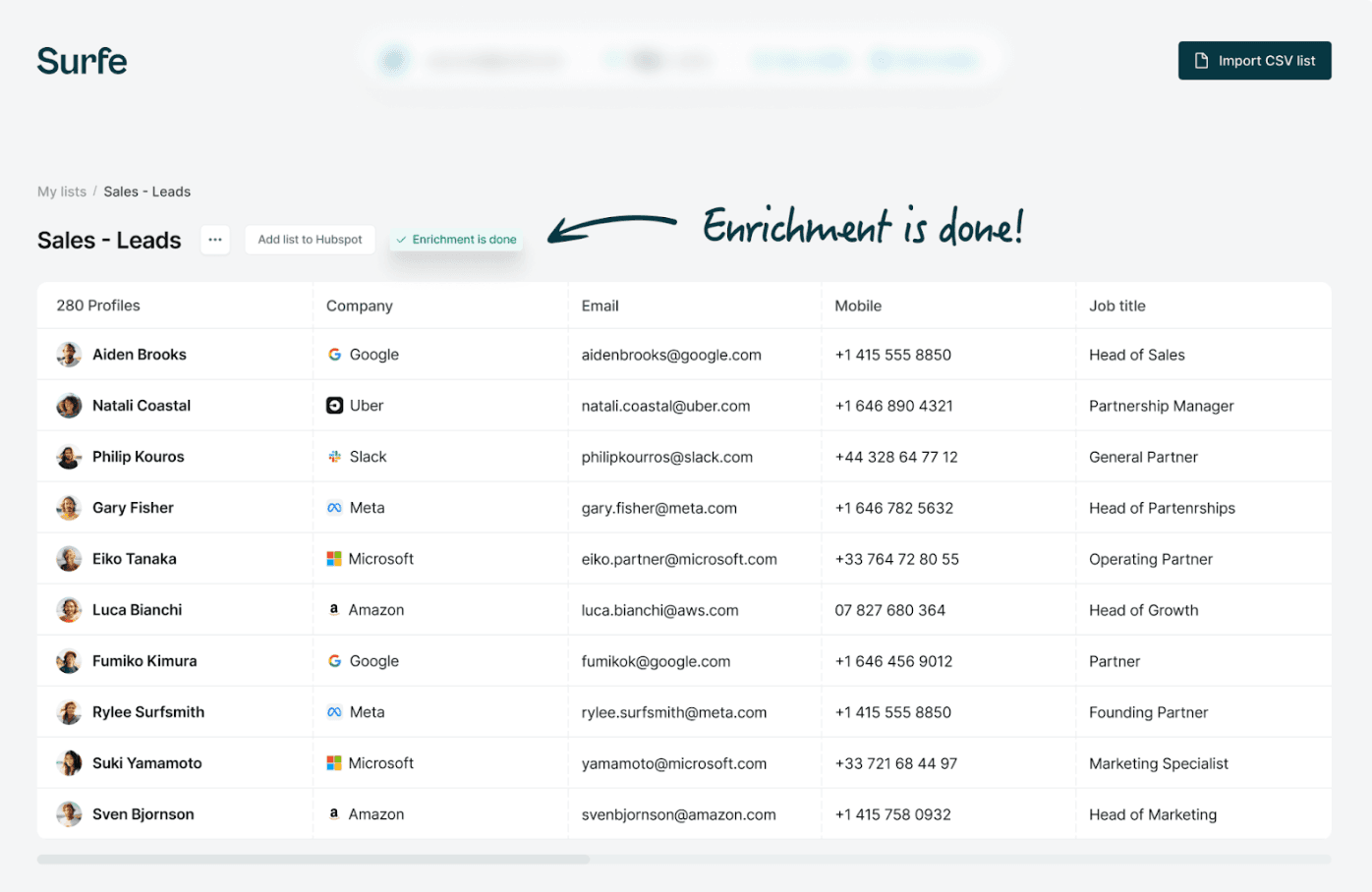 Surfe product interface