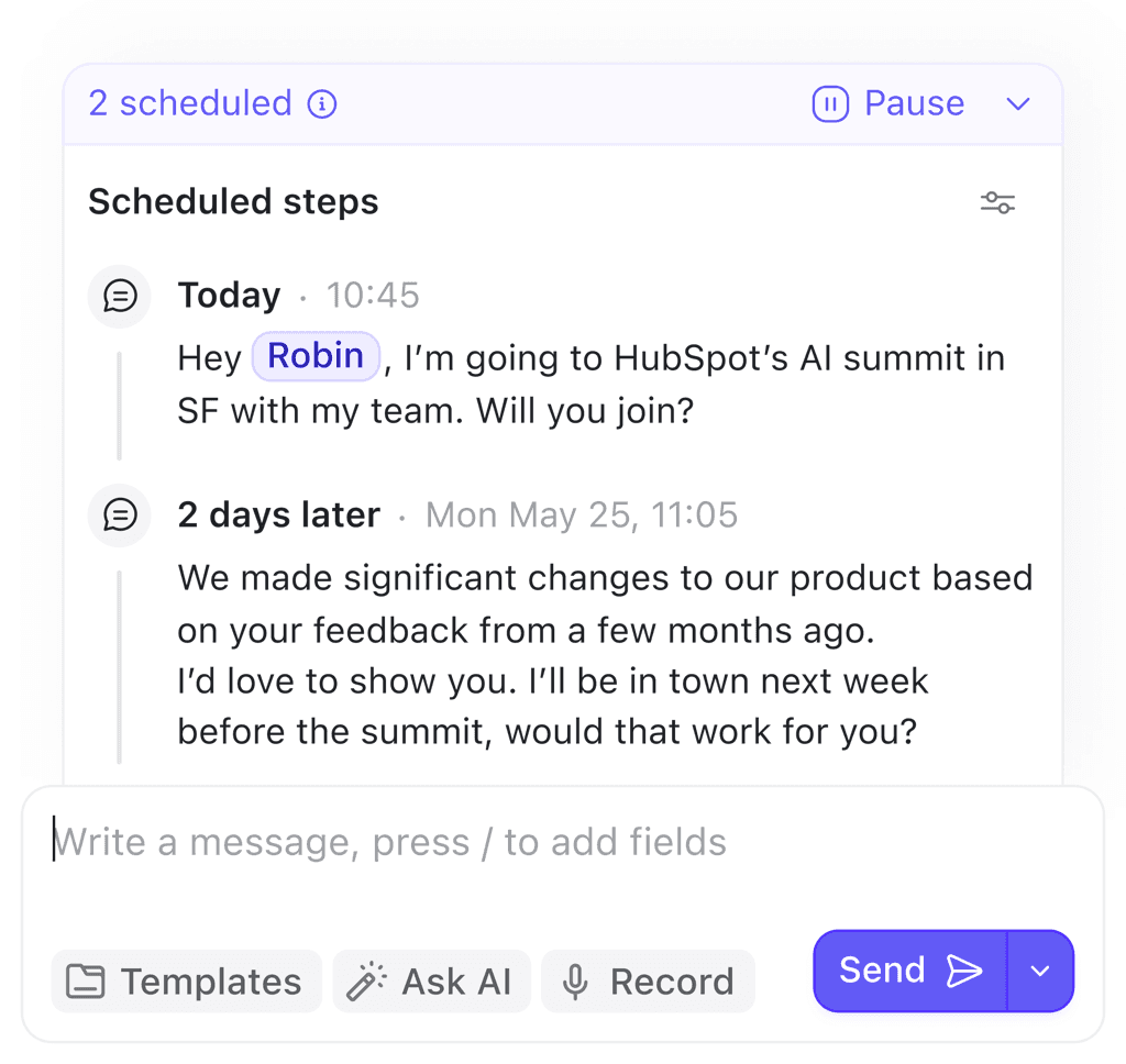 Contact page conversation with an Apply sequence panel open.