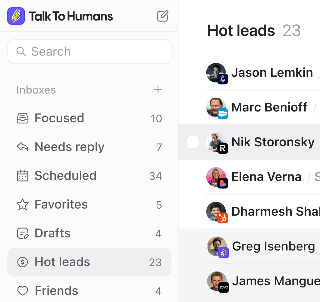 Inbox sidebar with views like Needs follow-up, Hot leads, and Accepted invites.