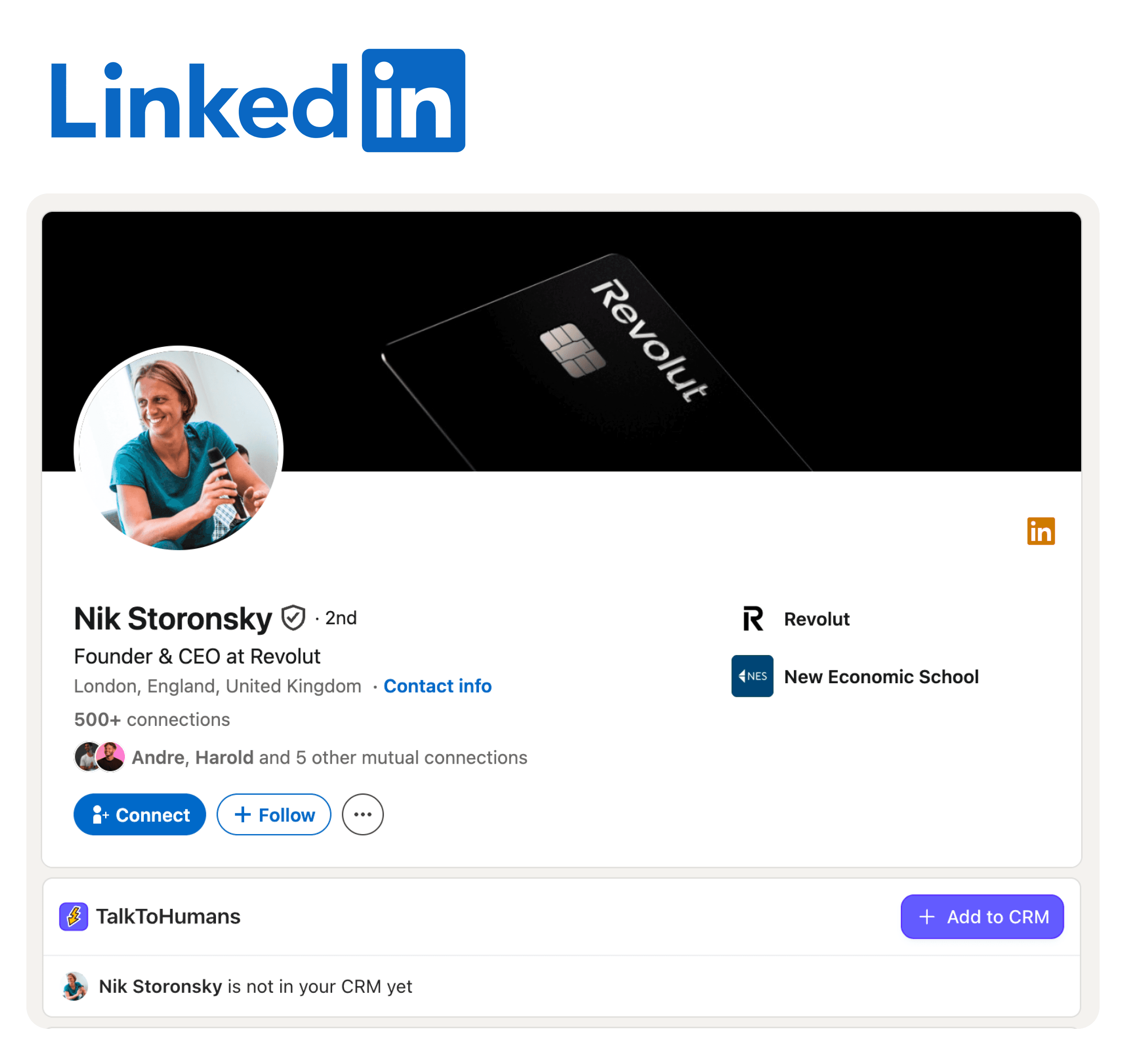 LinkedIn profile with a TalkToHumans Save contact panel.